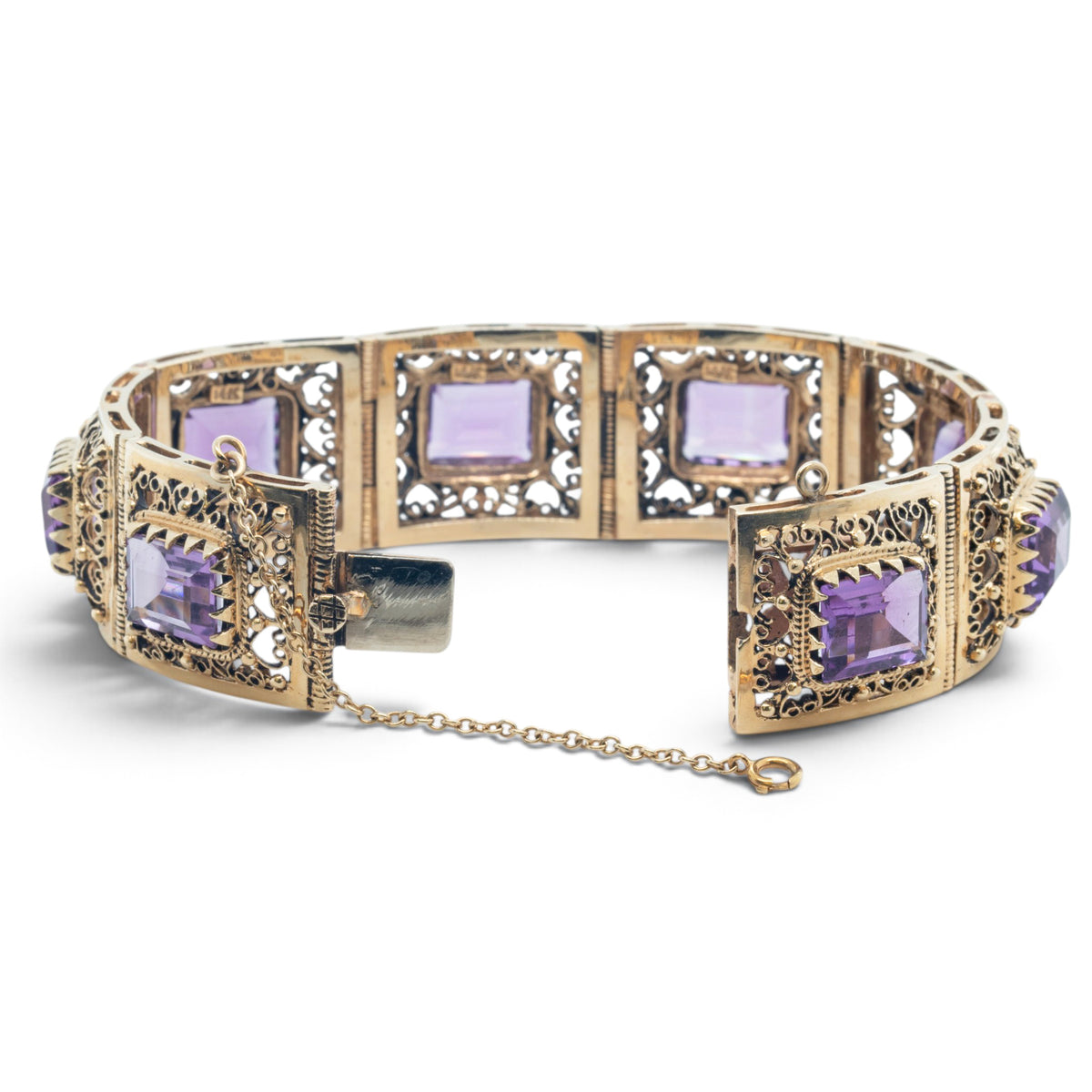 Antique Ornate Filigree Purple Gem 14k Gold Station Bracelet Size 6.5" 49.8g