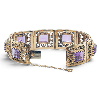 Antique Ornate Filigree Purple Gem 14k Gold Station Bracelet Size 6.5" 49.8g