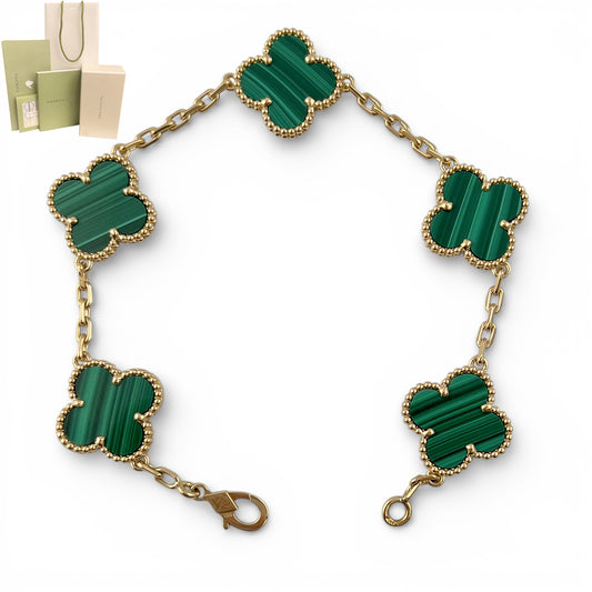Van Cleef Arpels Vintage Alhambra Malachite 5 Motif 18k Gold Bracelet BOX CERT +