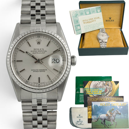 Rolex DateJust 16220 36mm Stainless Steel Silver Engine Turned 1999 BOX PAPERS