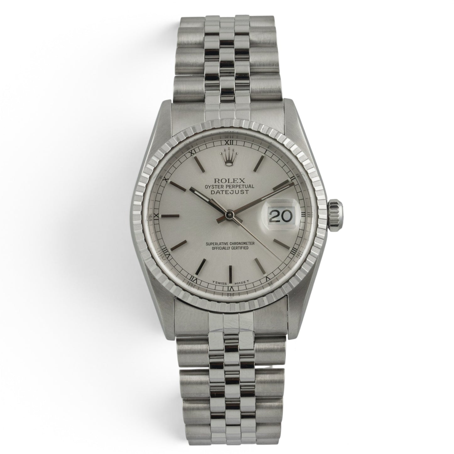 Rolex DateJust 16220 36mm Stainless Steel Silver Engine Turned 1999 BOX PAPERS
