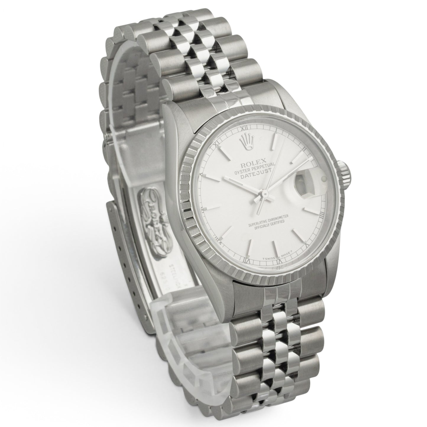 Rolex DateJust 16220 36mm Stainless Steel Silver Engine Turned 1999 BOX PAPERS