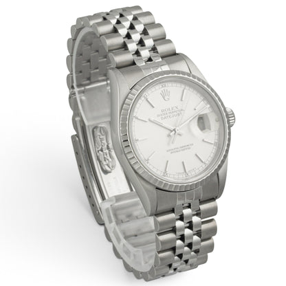 Rolex DateJust 16220 36mm Stainless Steel Silver Engine Turned 1999 BOX PAPERS