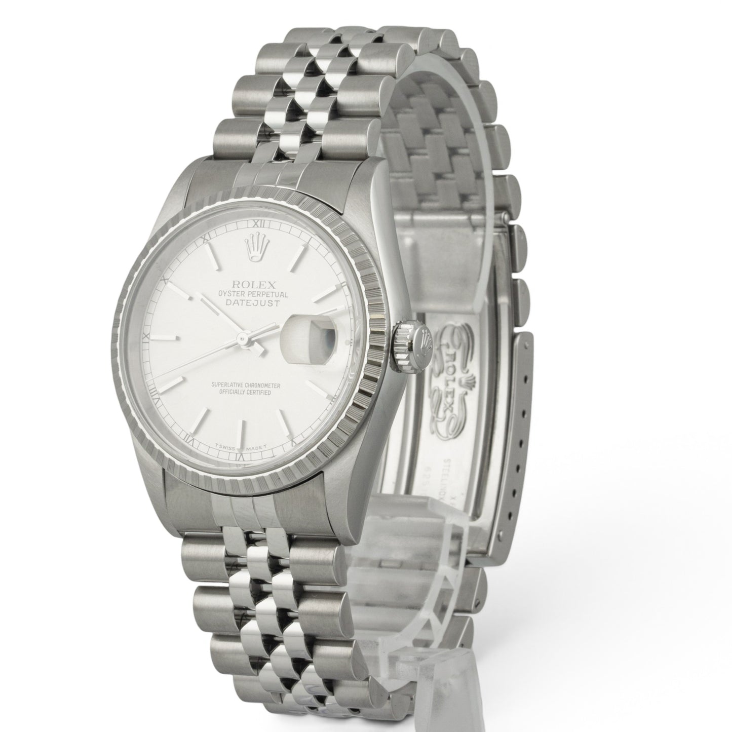 Rolex DateJust 16220 36mm Stainless Steel Silver Engine Turned 1999 BOX PAPERS