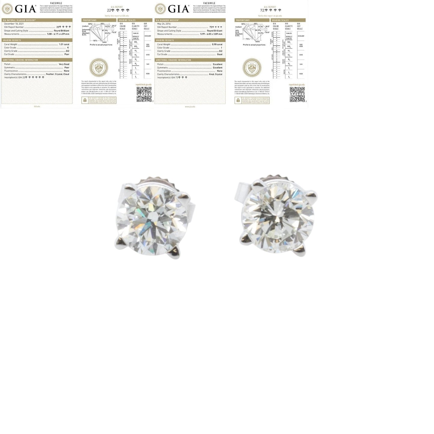 14k White Gold Round GIA Diamond Basket Stud Earrings 1.91ctw I / K SI2