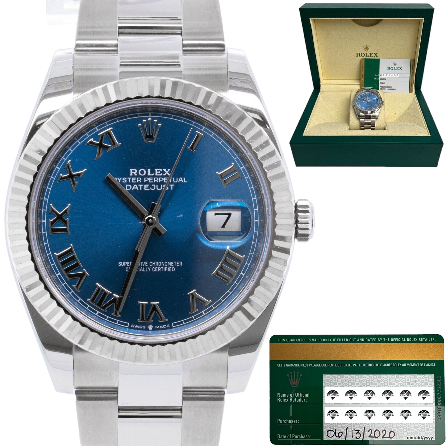 2020 Rolex Datejust 41 Azzurro Blue Roman FLUTED Stainless Watch