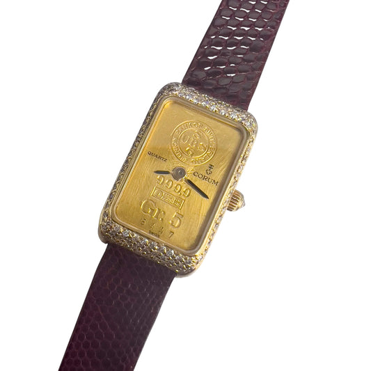 Corum 5 Gram Ingot 24k & 18k Yellow Gold Diamond Case Leather Strap Ladies Watch