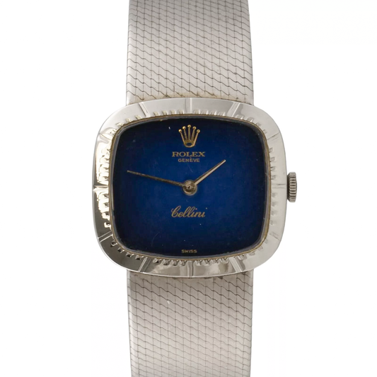 1976 Rolex Cellini 4318 18k White Gold Blue Dial 24mm Ladies Rectangular Watch