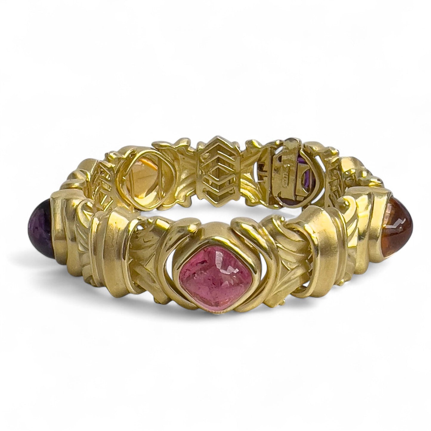 18k Yellow Gold Cabochon Tourmaline Amethyst Topaz Chunky Link Bracelet HEAVY