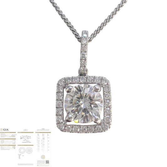 14k White Gold GIA Diamond Square Halo Cluster Pendant Necklace 1.61ctw 16"