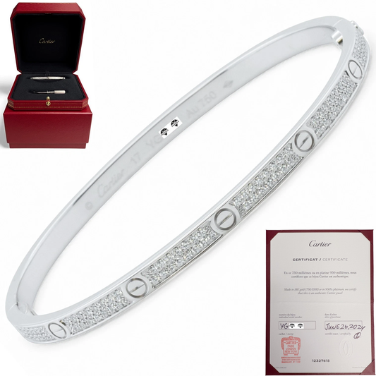 Cartier Love Small Pave Diamond 18k White Gold Bracelet SZ 17 BOX + CERTIFICATE