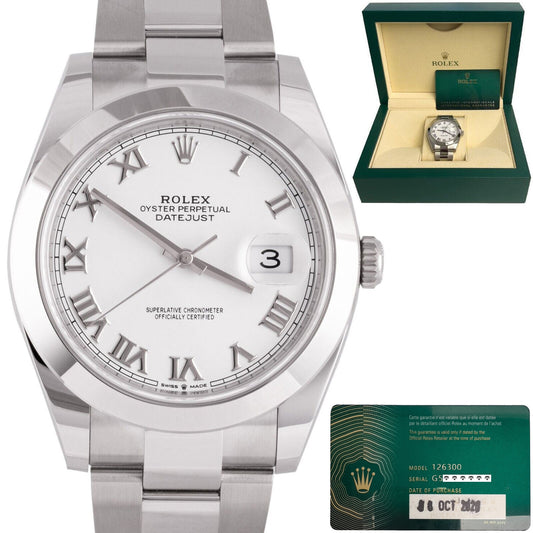 2020 Rolex Datejust White Roman Smooth Stainless 41mm Watch R. 126300 BOX & CARD