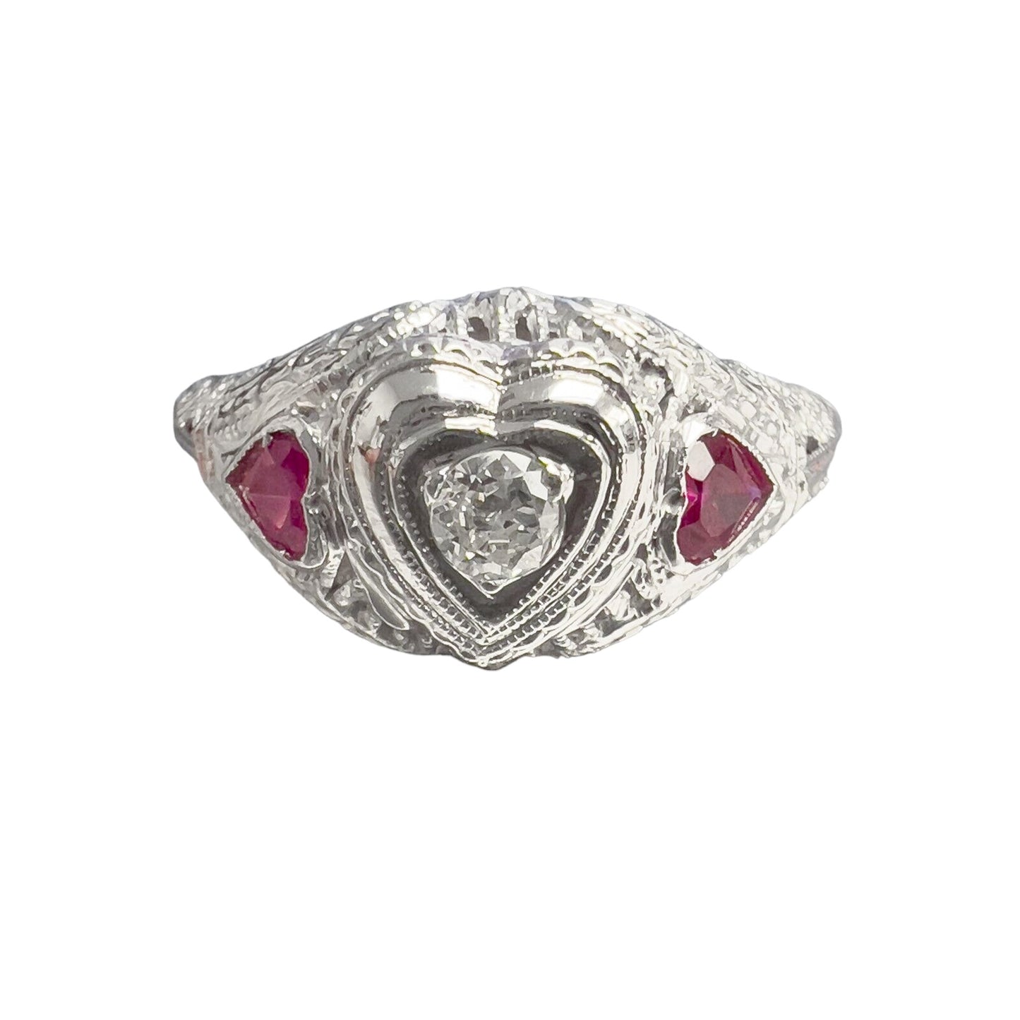 18k White Gold 0.12ct Old Mine Diamond Heart Shape Ruby Ring G VS2 size 5.75