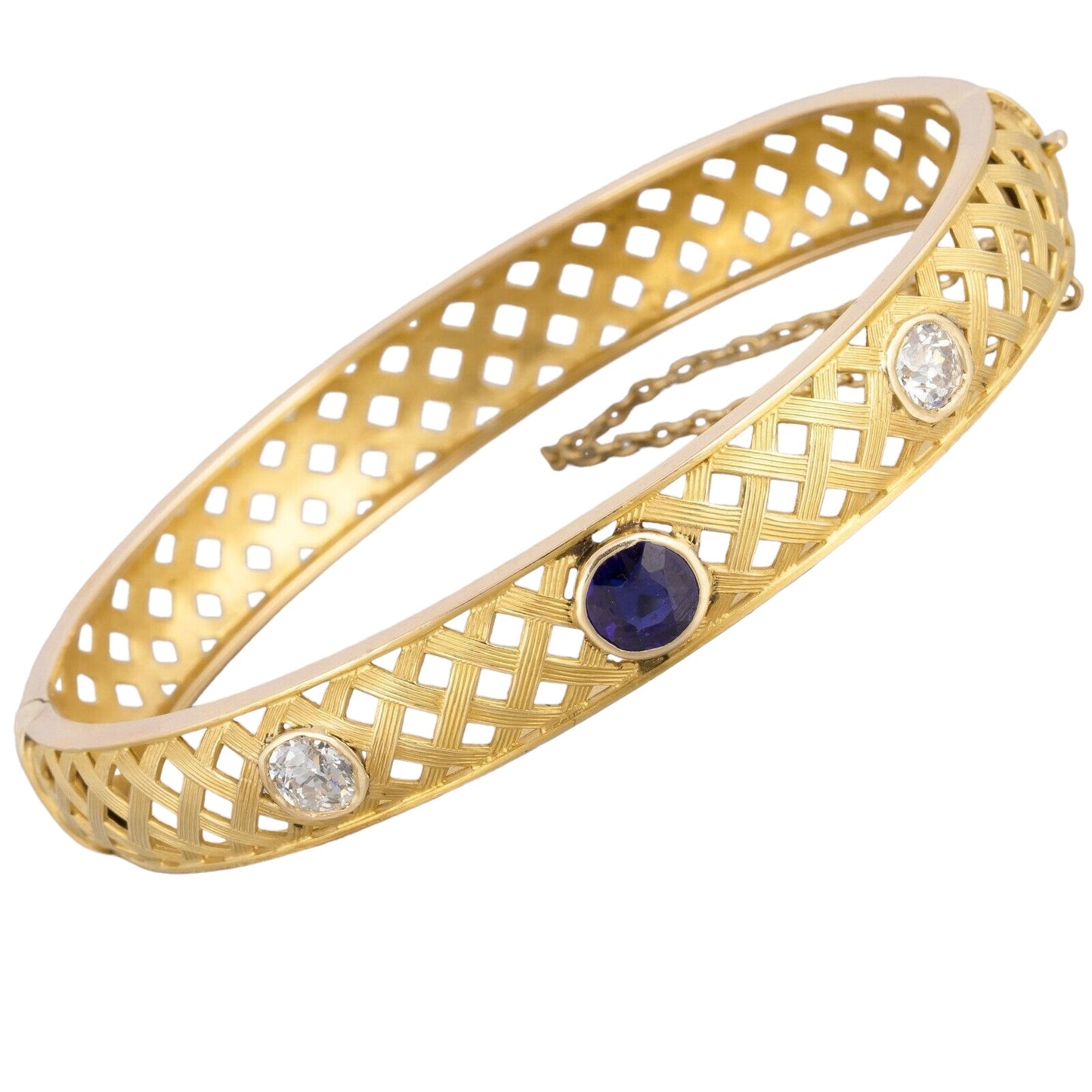 Victorian 14k Yellow Gold Fancy Weave Diamond & Tanzanite Hinged Bangle Bracelet