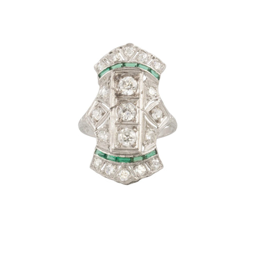 Antique Art Deco Platinum Old Mine Diamond Green Stone Ring 1.25ctw G VS-SI