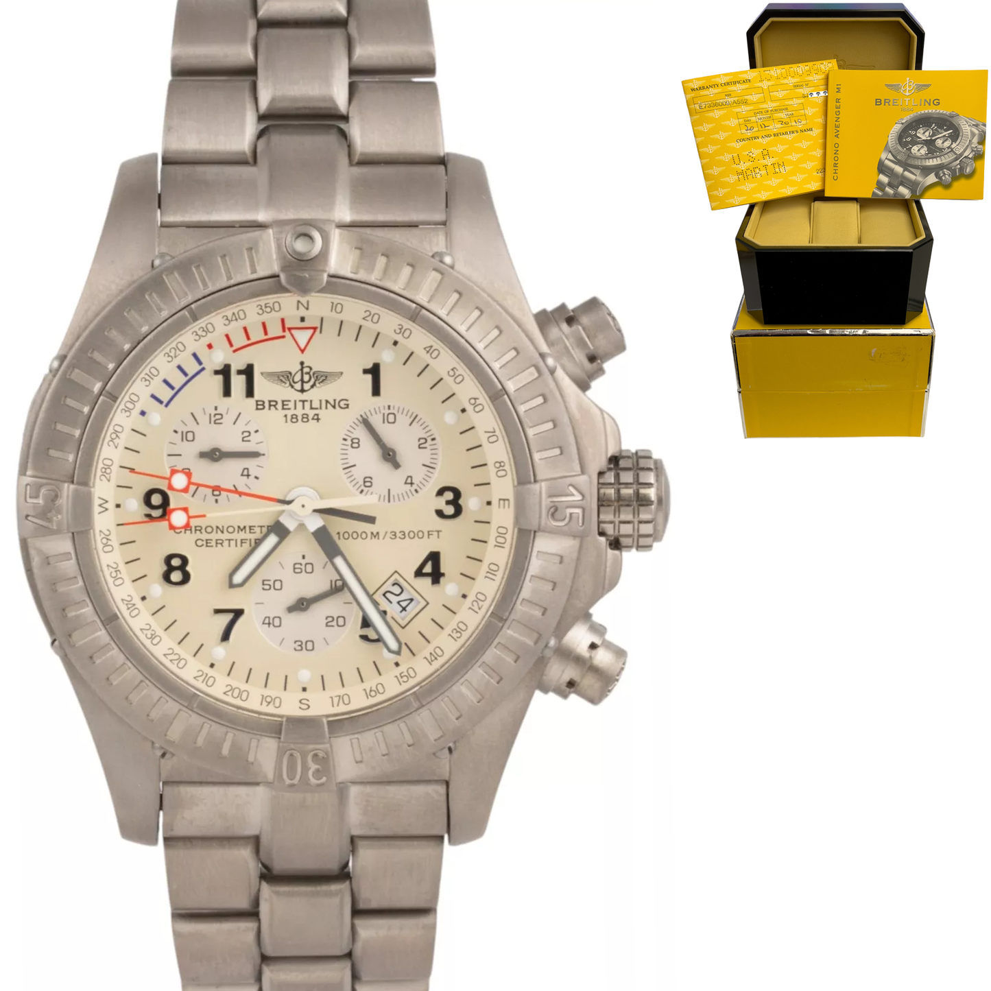 Breitling Chrono Avenger M1 Titanium Cream Dial 44mm Watch E73360 BOX + PAPERS