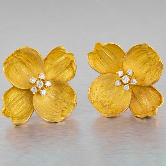 Tiffany & Co. 18k Yellow Gold Diamond Dogwood Flower Earrings 0.70ctw JUMBO