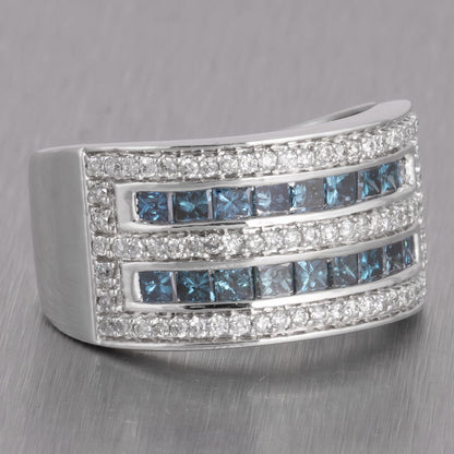 14k White Gold Wide Five Row White & Blue Diamond Band 1.60ctw Ring Size 6.75