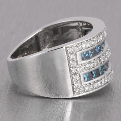 14k White Gold Wide Five Row White & Blue Diamond Band 1.60ctw Ring Size 6.75