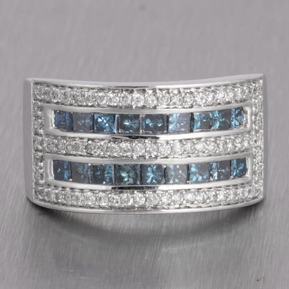 14k White Gold Wide Five Row White & Blue Diamond Band 1.60ctw Ring Size 6.75