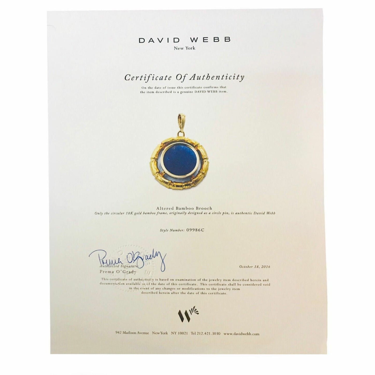 DAVID WEBB 18k Yellow Gold Bamboo Circle Lapis Pendant w/ Certificate