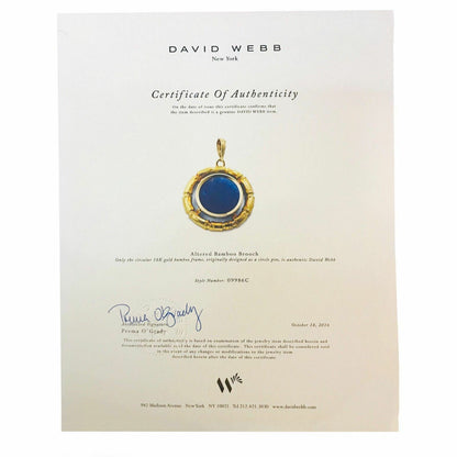 DAVID WEBB 18k Yellow Gold Bamboo Circle Lapis Pendant w/ Certificate