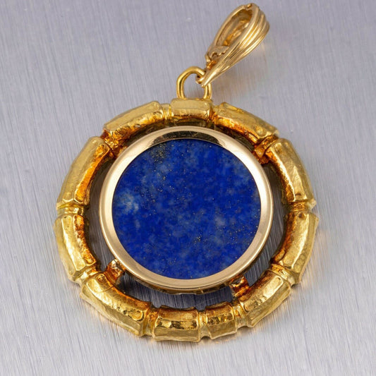 DAVID WEBB 18k Yellow Gold Bamboo Circle Lapis Pendant w/ Certificate