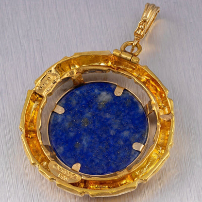 DAVID WEBB 18k Yellow Gold Bamboo Circle Lapis Pendant w/ Certificate