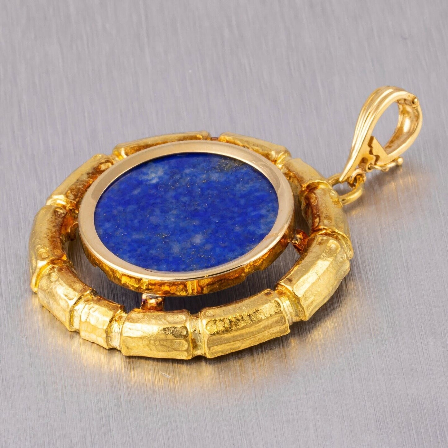 DAVID WEBB 18k Yellow Gold Bamboo Circle Lapis Pendant w/ Certificate