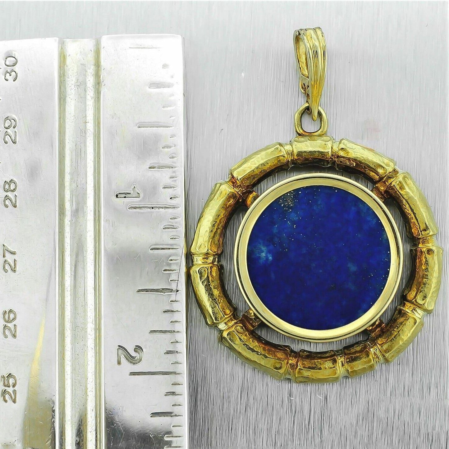 DAVID WEBB 18k Yellow Gold Bamboo Circle Lapis Pendant w/ Certificate