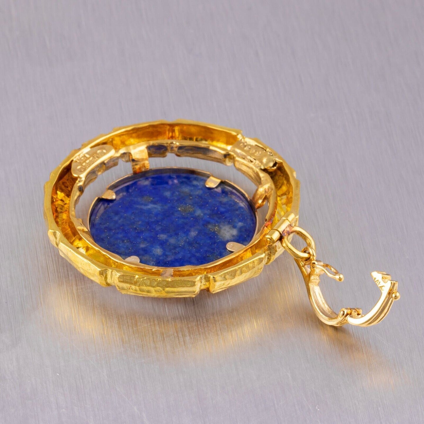 DAVID WEBB 18k Yellow Gold Bamboo Circle Lapis Pendant w/ Certificate