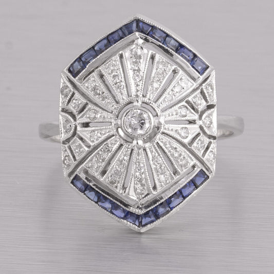 Antique Estate Art Deco 14k White Gold Diamond Sapphire Ring 0.40ctw Size 6.75