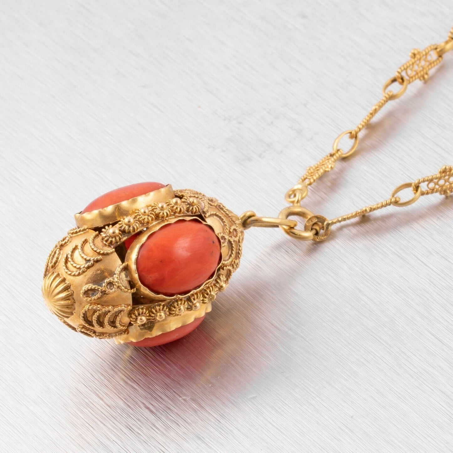 Antique Victorian Etruscan Revival 18k Yellow Gold Coral Pendant Necklace 36.5"