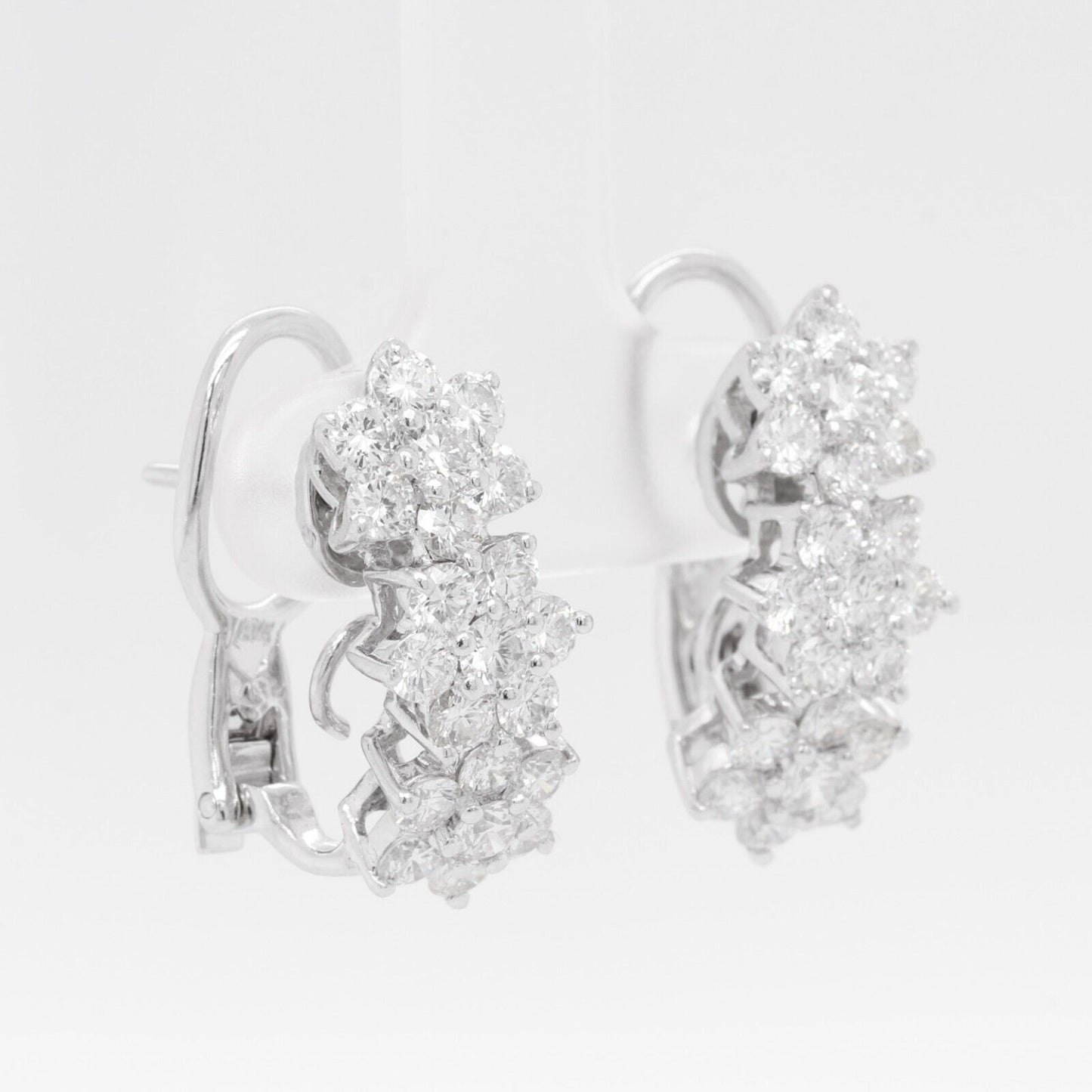 18k White Gold Diamond Triple Cluster Earrings 2.50ctw F VS1 - Omegaback Closure