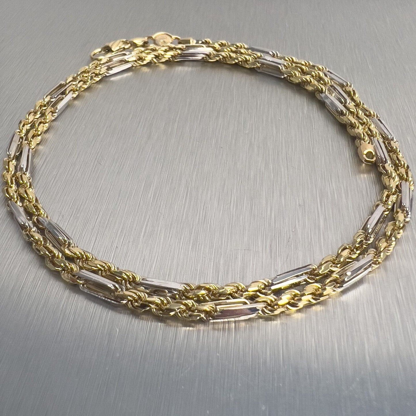 14k White & Yellow Gold Designer Spiga Rope 3.00mm Chain Necklace 22.5" ITALY