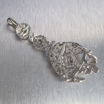 Antique Art Deco 18k White Gold Diamond Filigree Floral Pendant 1.70ctw