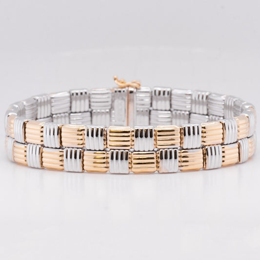 Superoro 14k White & Yellow Gold Checkered Link Bracelet 7.5" 12.00mm ITALY