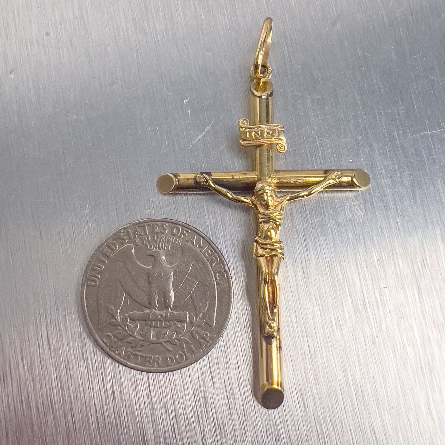 Vintage Estate 14k Yellow Gold Crucifix INRI Cross 2.1 in. Pendant 4.3g