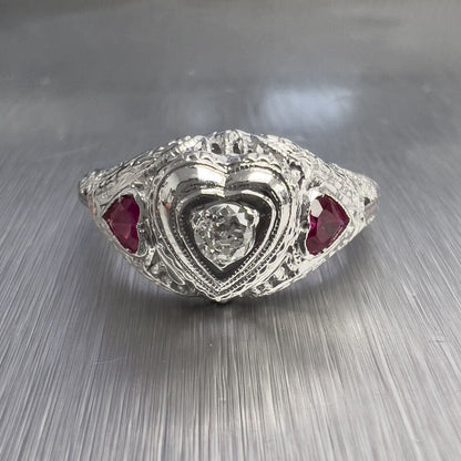 18k White Gold 0.12ct Old Mine Diamond Heart Shape Ruby Ring G VS2 size 5.75