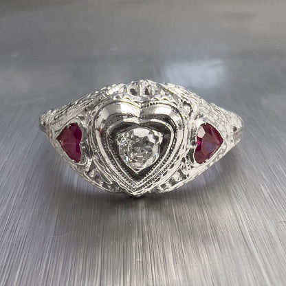 18k White Gold 0.12ct Old Mine Diamond Heart Shape Ruby Ring G VS2 size 5.75