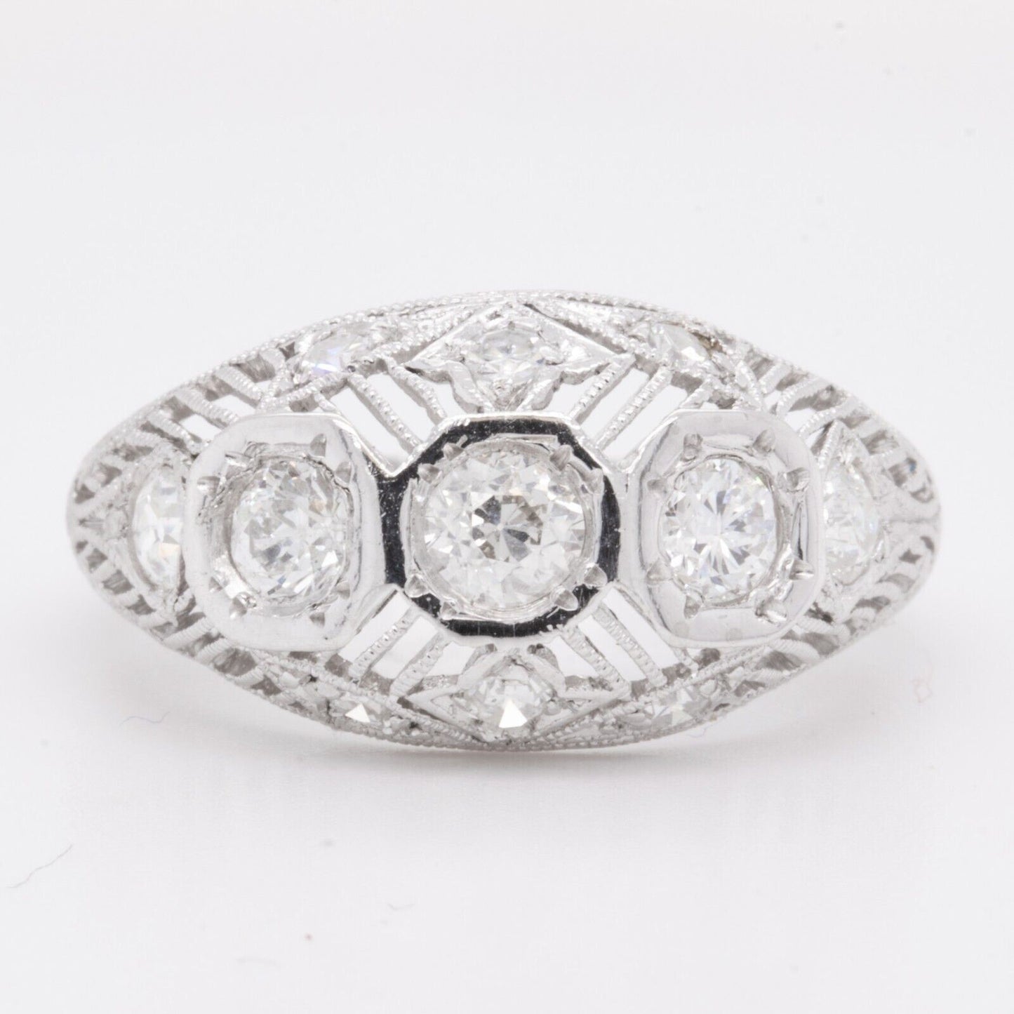 Antique Art Deco Platinum Diamond 3 Stone Ornate Filigree Ring 0.85ctw size 5.75