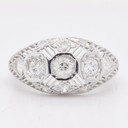 Antique Art Deco Platinum Diamond 3 Stone Ornate Filigree Ring 0.85ctw size 5.75