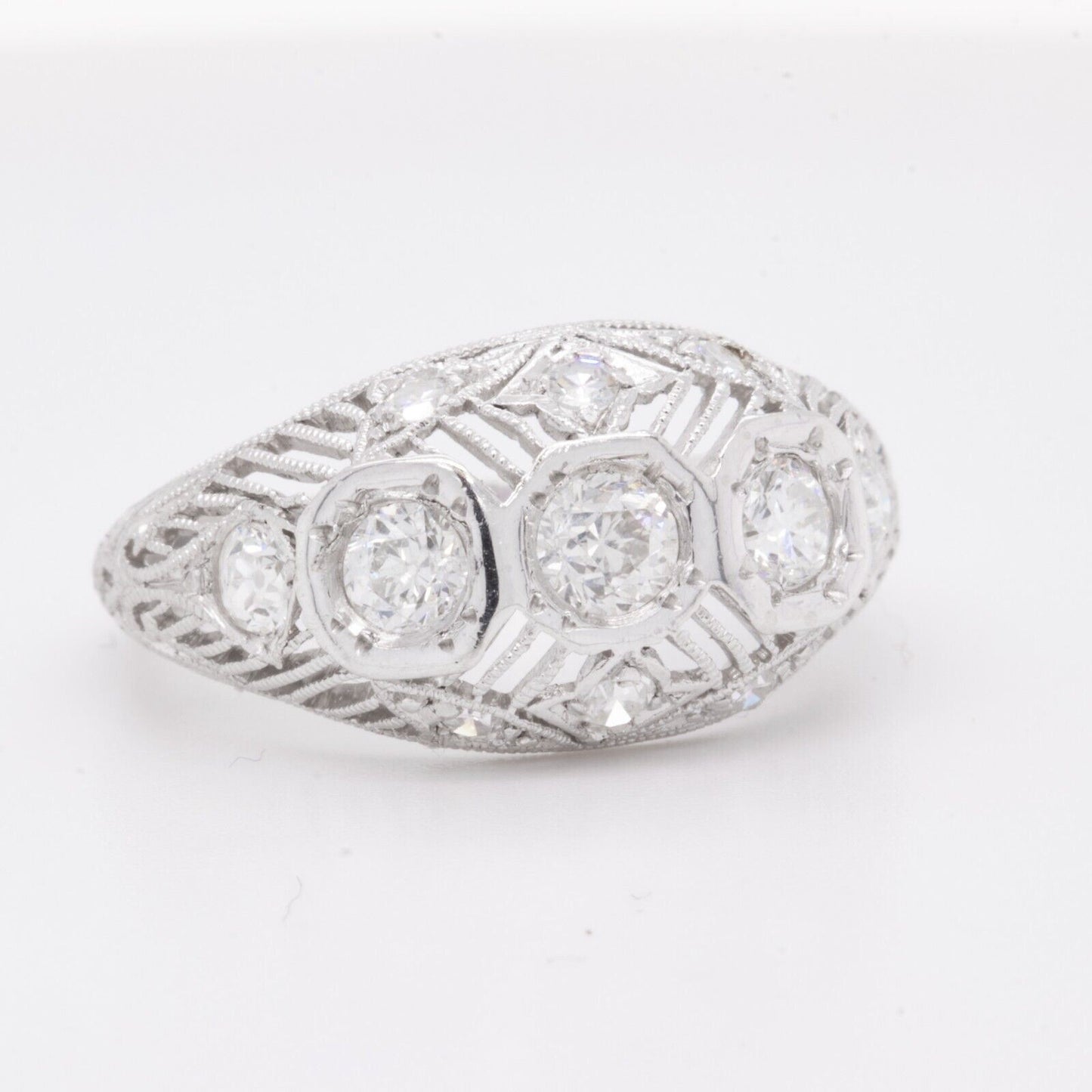 Antique Art Deco Platinum Diamond 3 Stone Ornate Filigree Ring 0.85ctw size 5.75