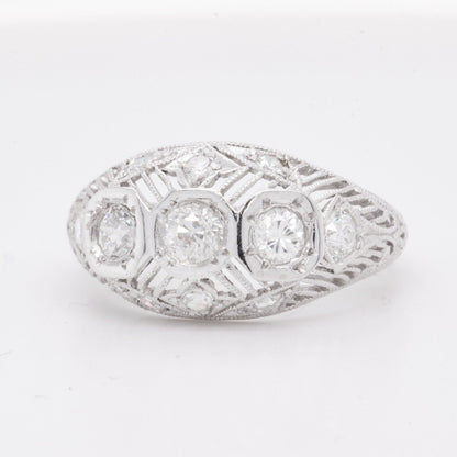 Antique Art Deco Platinum Diamond 3 Stone Ornate Filigree Ring 0.85ctw size 5.75