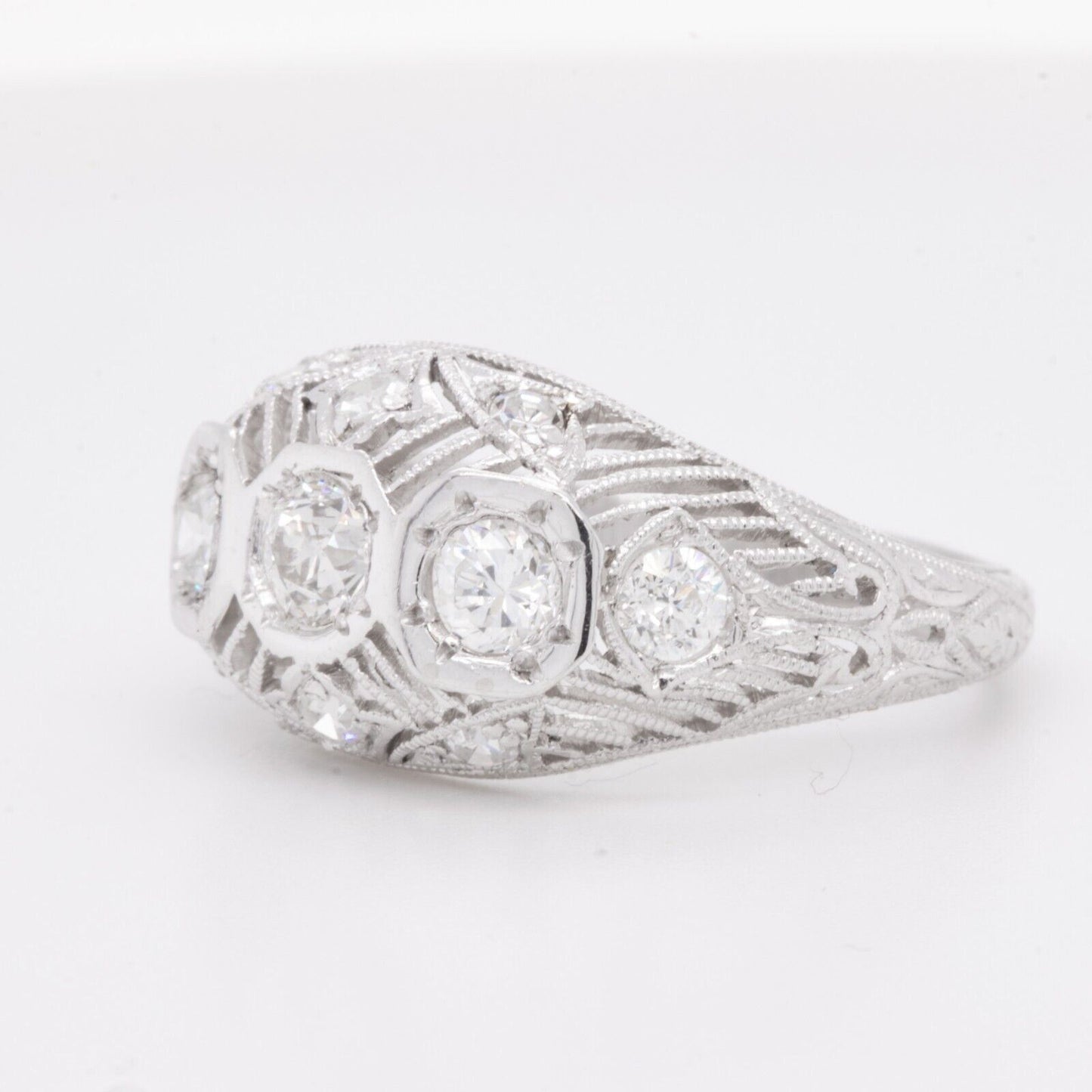 Antique Art Deco Platinum Diamond 3 Stone Ornate Filigree Ring 0.85ctw size 5.75