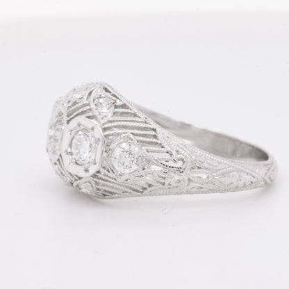 Antique Art Deco Platinum Diamond 3 Stone Ornate Filigree Ring 0.85ctw size 5.75