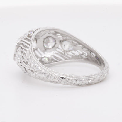 Antique Art Deco Platinum Diamond 3 Stone Ornate Filigree Ring 0.85ctw size 5.75