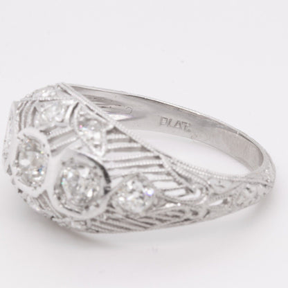 Antique Art Deco Platinum Diamond 3 Stone Ornate Filigree Ring 0.85ctw size 5.75