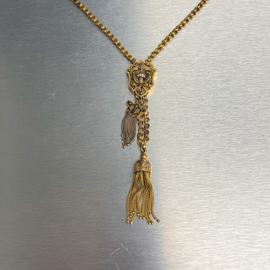 Antique Victorian 14k Yellow Gold Seed Pearl Dangling Tassel Slider Necklace 37"