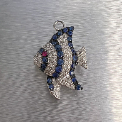 Pippo Perez 18k White Gold Diamond Sapphire Ruby Angel Fish Pendant 16" RARE